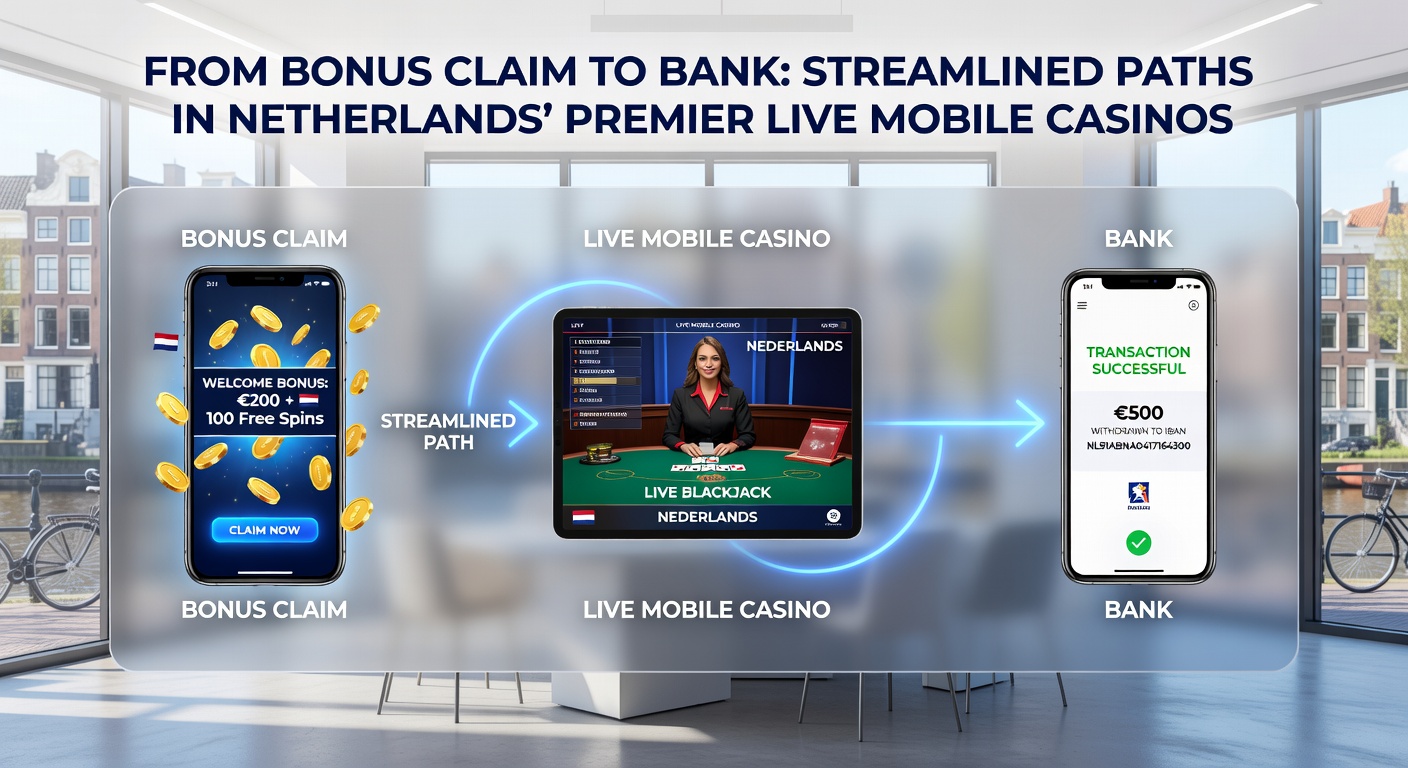 Grafiek met tijdlijn van bonusclaim tot bankuitbetaling in een Nederlands live mobiel casino, inclusief iDEAL en live dealer elementen