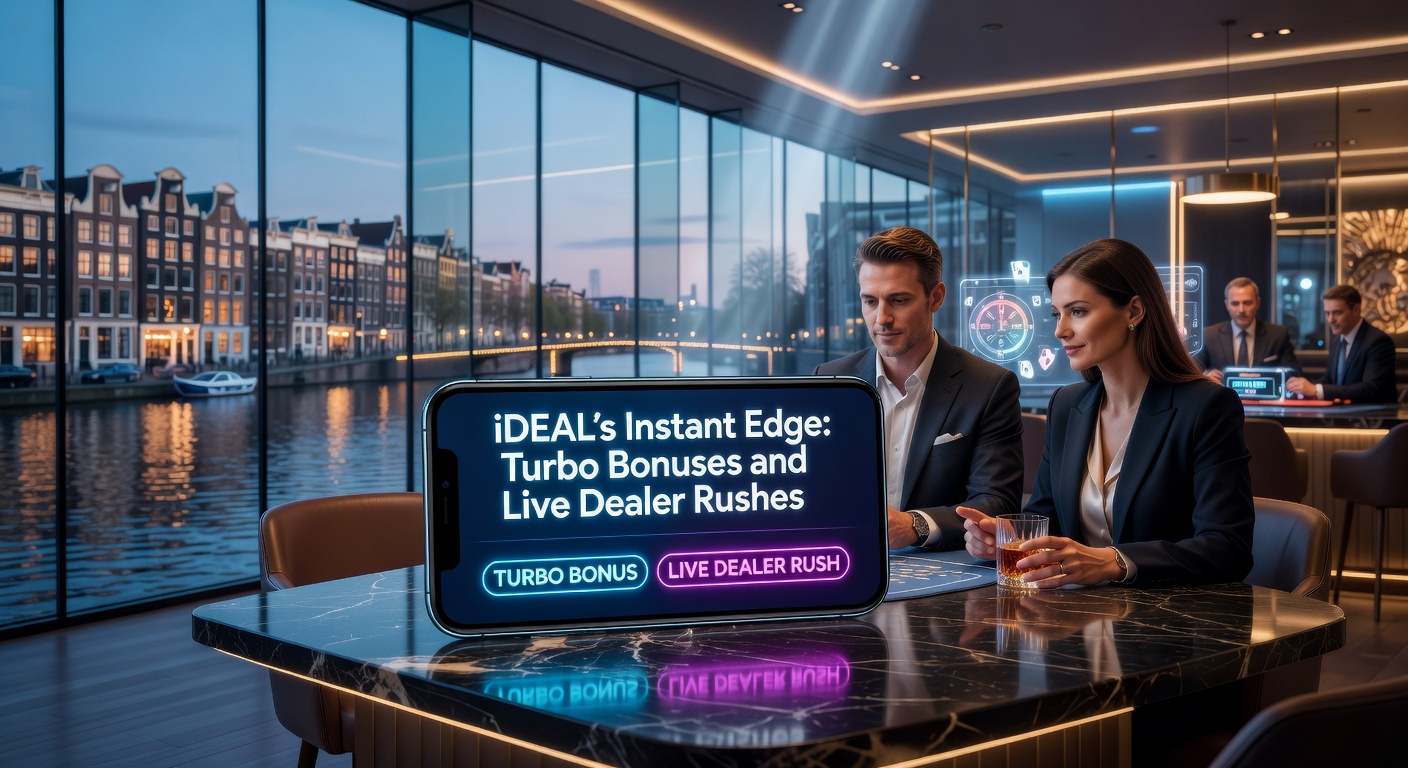 Mobiele high-roller in actie bij een live dealer tafel met iDEAL-betaling op scherm, bonussen knipperend in de achtergrond