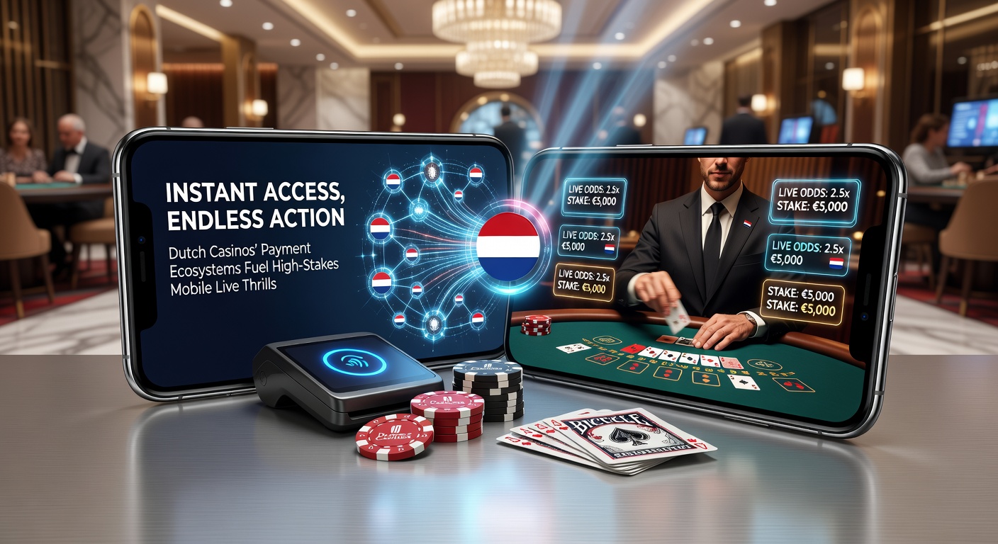 Afbeelding van een mobiele telefoon met live casino interface en bliksemsnelle betaalsymbolen, symboliserend instant toegang tot high-stakes actie in Nederlandse online casinos