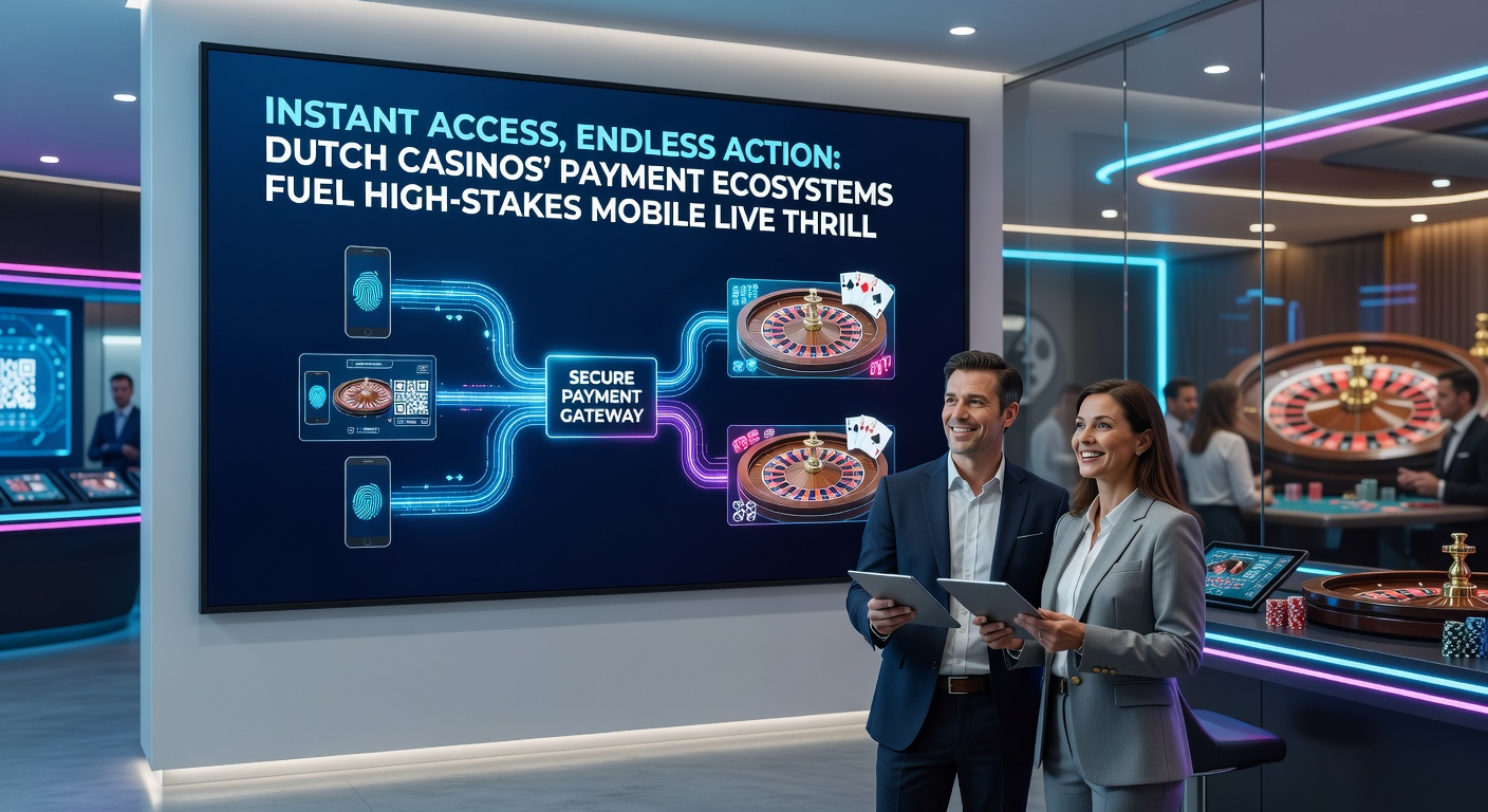 Grafiek met pijlen die snelle betaalstromen illustreren naar een live dealer tafel op een mobiel scherm, met Nederlandse vlag en casino-elementen