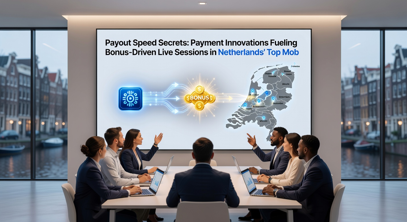 Grafiek met uitbetalingstijden en bonuspercentages in Nederlandse mobiele casinos, met live dealer iconen en pijlen die snelheid aangeven