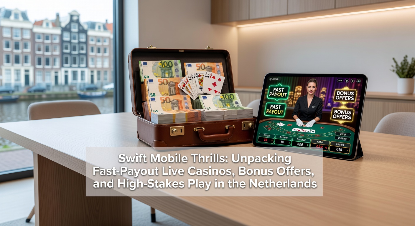 Mobiele telefoon met live casino scherm, snelle uitbetaling icoon en bonus badges zichtbaar
